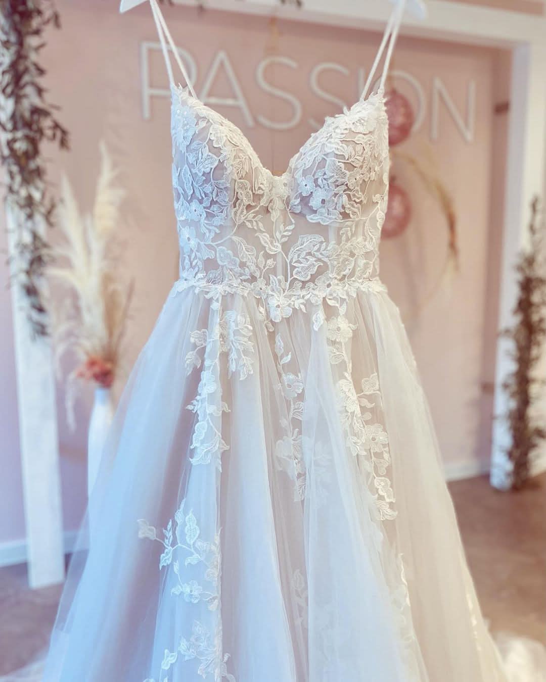 A-line V-neck Backless Long Wedding Dress With Tulle BM bride