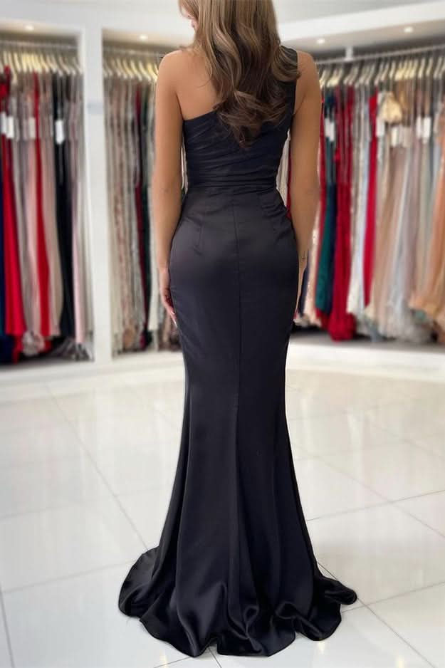 Black One-Shoulder Sleeveless Mermaid Prom Dress with Split BM bride