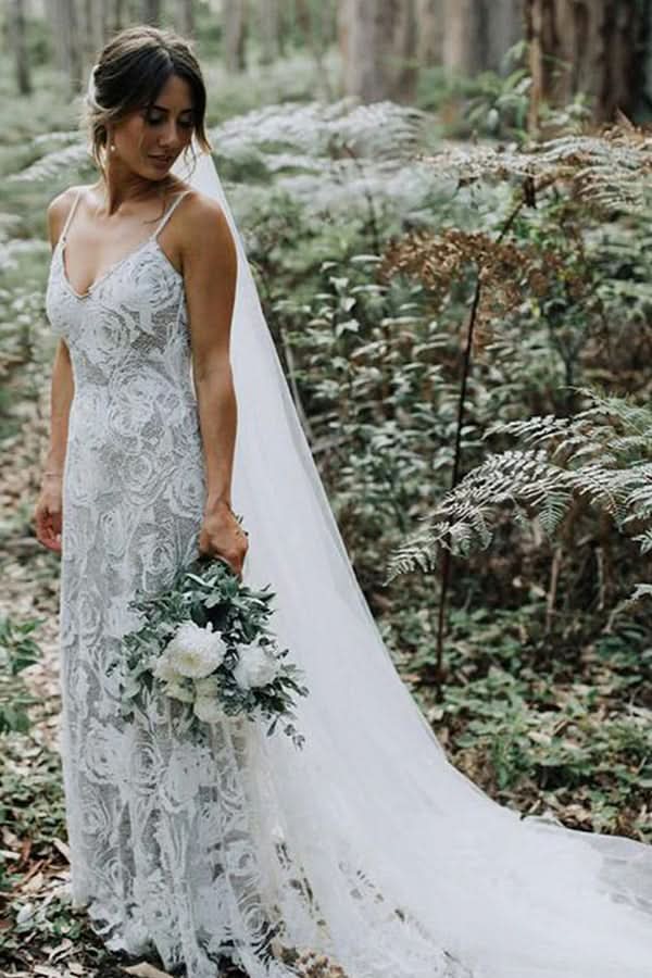 Charming Spaghetti Strap Backless A-Line Wedding Dress with Lace BM bride