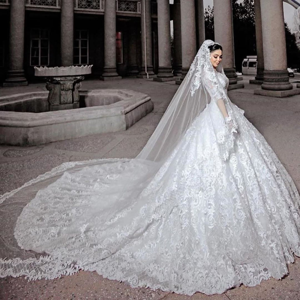 Princess Beaded Applique Long Wedding Dress with Sleeves and Tulle BM bride