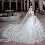 Princess Beaded Applique Long Wedding Dress with Sleeves and Tulle BM bride