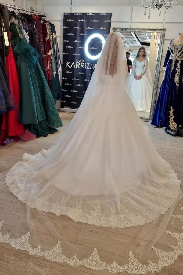 Gorgeous White A-Line V-Neck Lace Wedding Dress with Long Sleeves BM bride