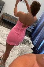 Pink Tight Homecoming Dress with Star and Fringes Bmbride
