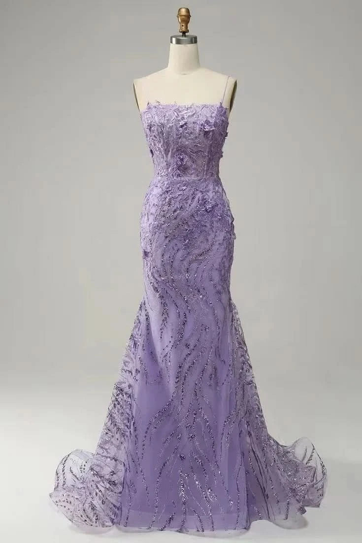 Glamorous Purple Applique Spaghetti Strap Mermaid Prom Dress BM bride