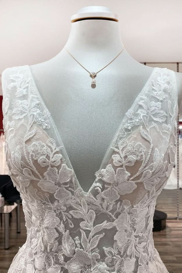 Deep V-Neck Sleeveless Long A-Line Wedding Dress with Open Back, Tulle, and Lace Appliques BM bride