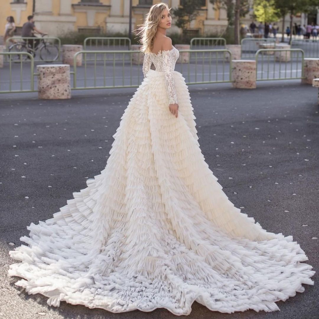 Off-the-Shoulder A-Line Long Sleeve Mermaid Wedding Dress with Train BM bride