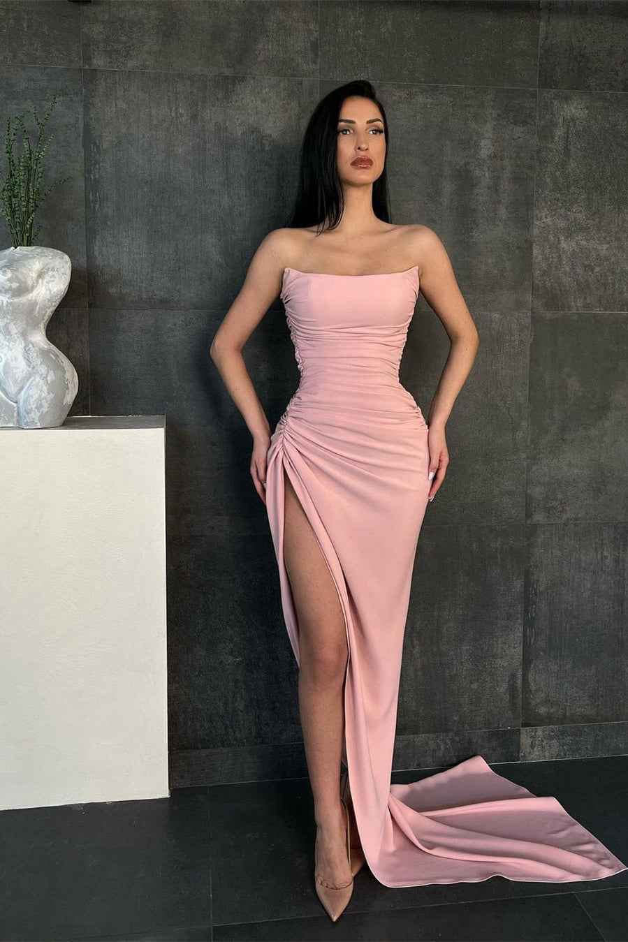 Mermaid Strapless Sleeveless Pleated Long Evening Dress With High Split