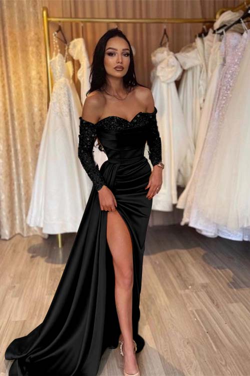 Off the Shoulder Long Sleeves Long Mermaid Prom Dress With Pleated BMBRIDE