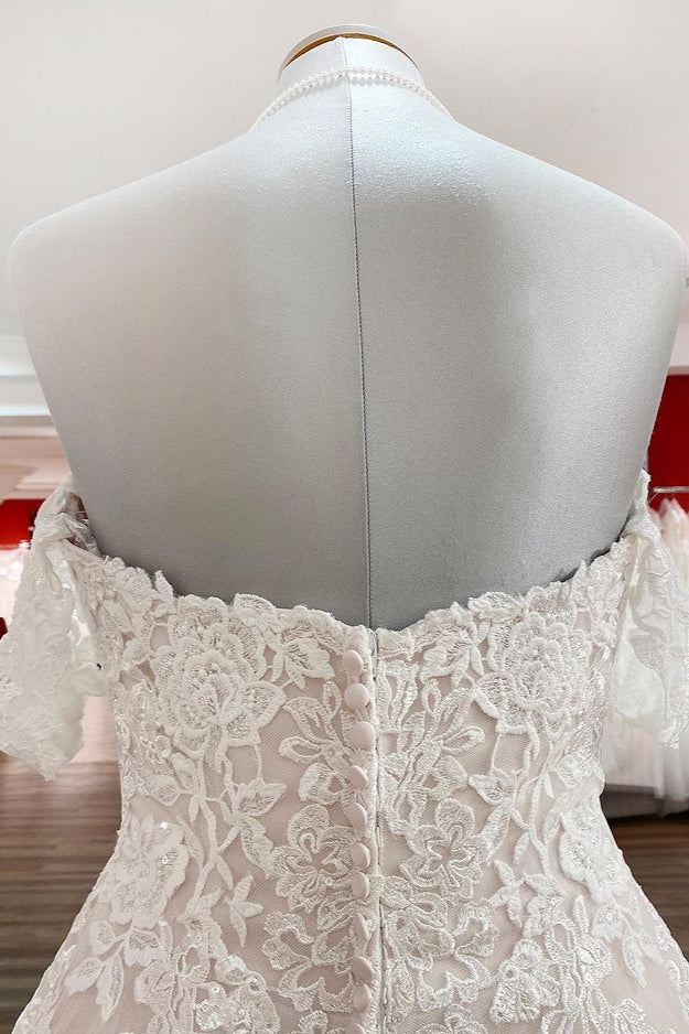Modest Off-the-Shoulder Princess Wedding Dress with Tulle Lace Ruffles BM bride
