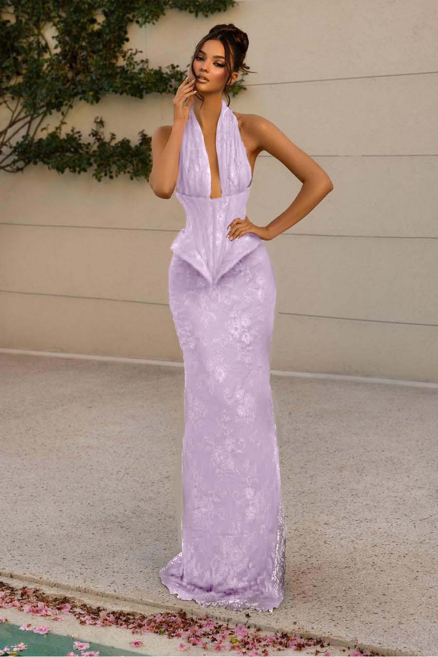 Halter Sleeveless Long Mermaid Prom Dress With Lace Appliques BMBRIDE