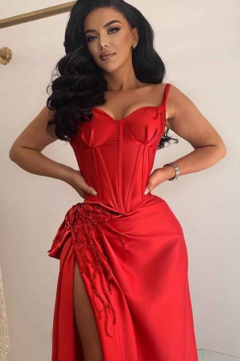 Straps Sweetheart Sleeveless Long Prom Dress With Split Appliques