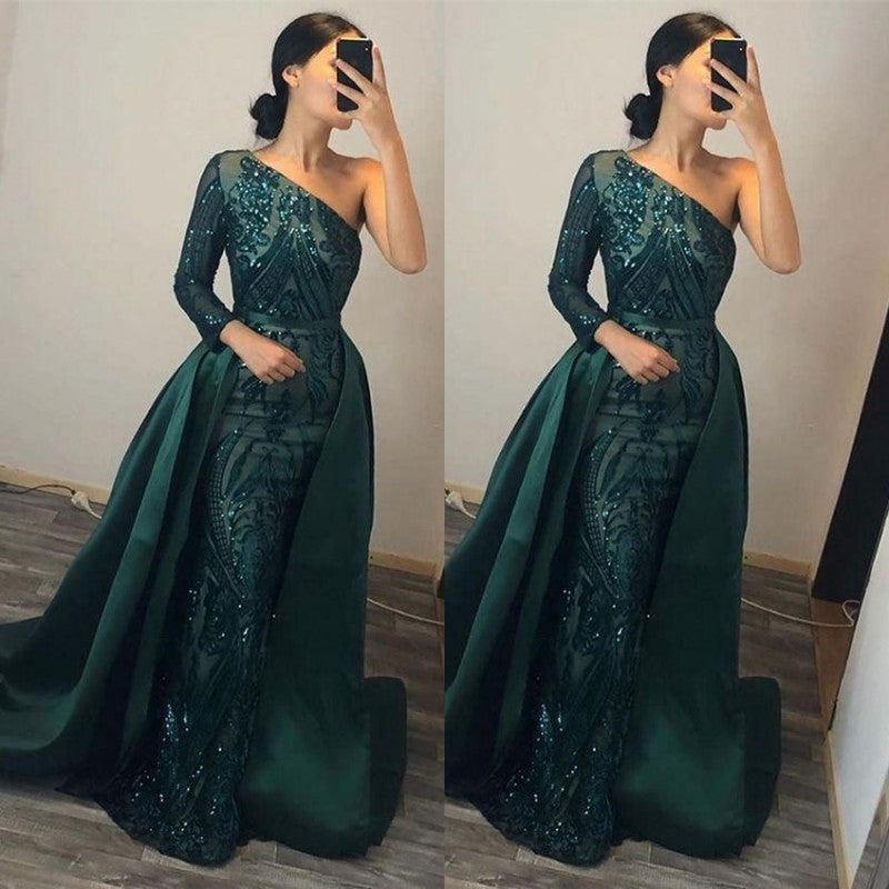 Dark Green One Shoulder Mermaid Prom Dress with Overskirt, Long Sleeve, and Sequins BM bride