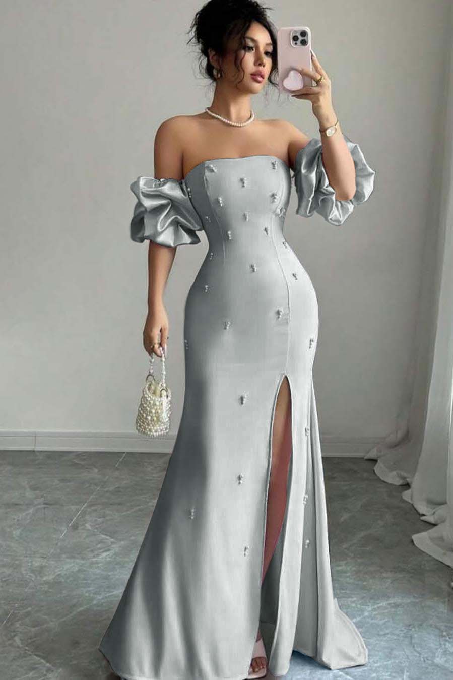 Strapless Bubble Sleeves Long Split Prom Dress With Beading BMBRIDE