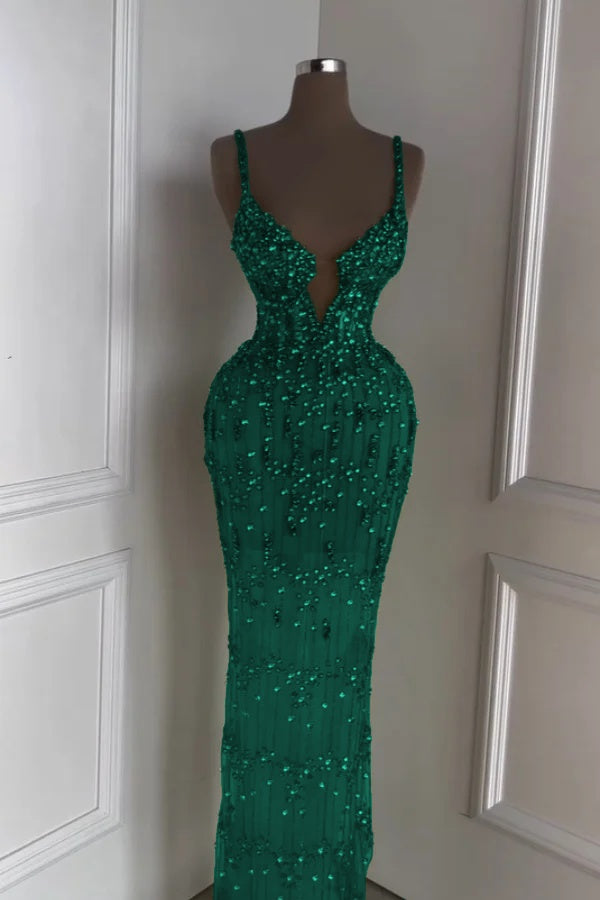 Spaghetti Strap Sleeveless Long Mermaid Prom Dress With Beading