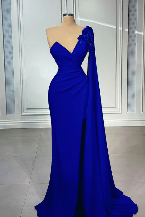 One Shoulder V Neck Mermaid Prom Pleated Dress Red Long Appliques With Ruffles