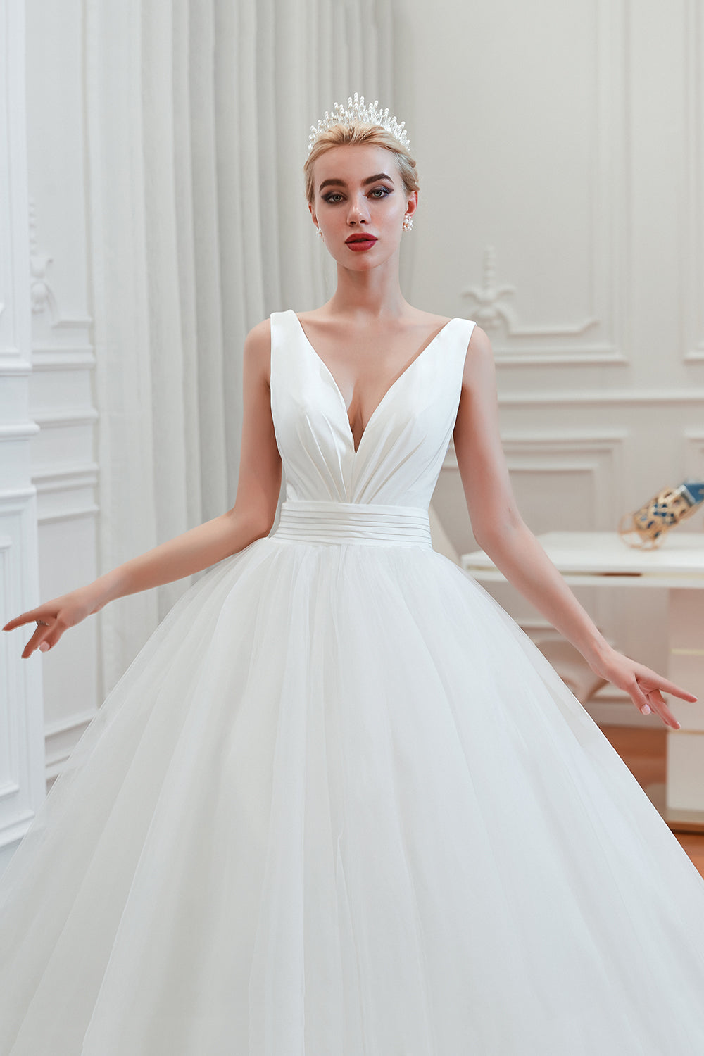 Wide Strap Deep V-Neck Floor-Length A-Line Wedding Dress with Tulle BM bride