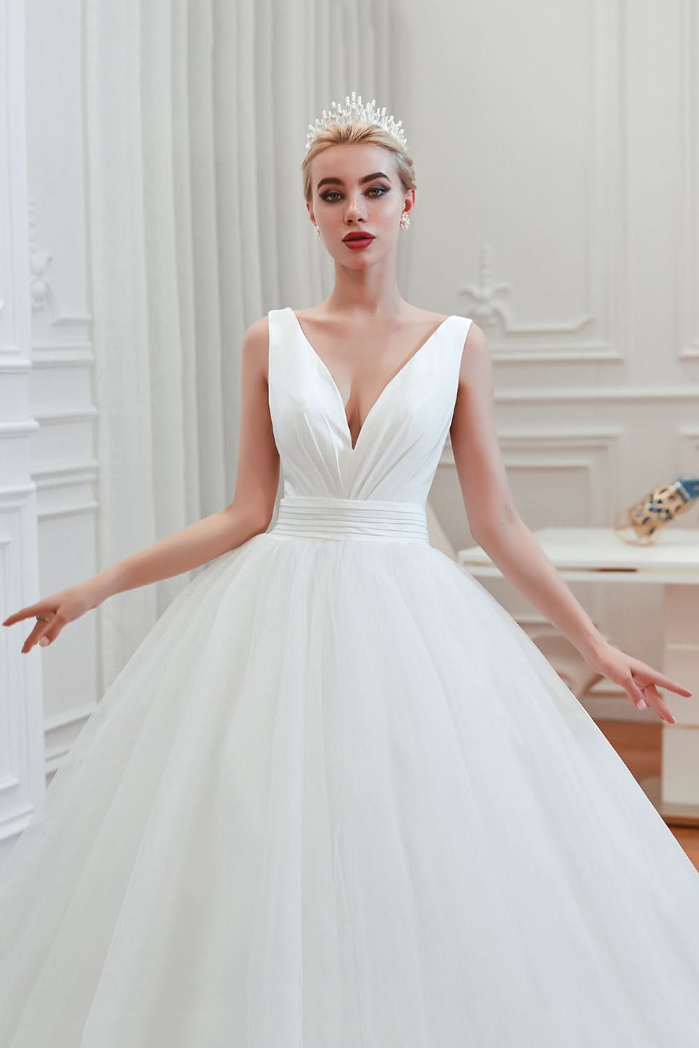 Wide Strap Deep V-Neck Floor-Length A-Line Wedding Dress with Tulle BM bride
