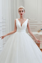 Wide Strap Deep V-Neck Floor-Length A-Line Wedding Dress with Tulle BM bride