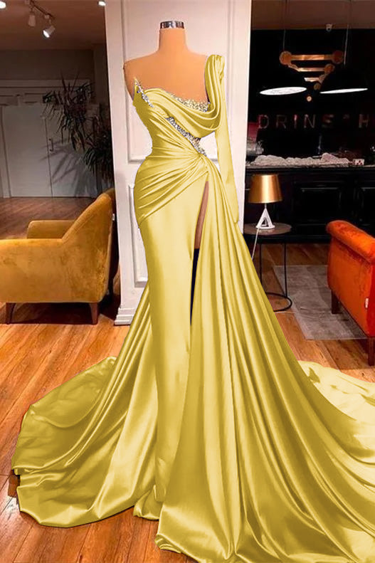 Mermaid One Shoulder Long Sleeve Pleated Prom Dress Split With Beadings