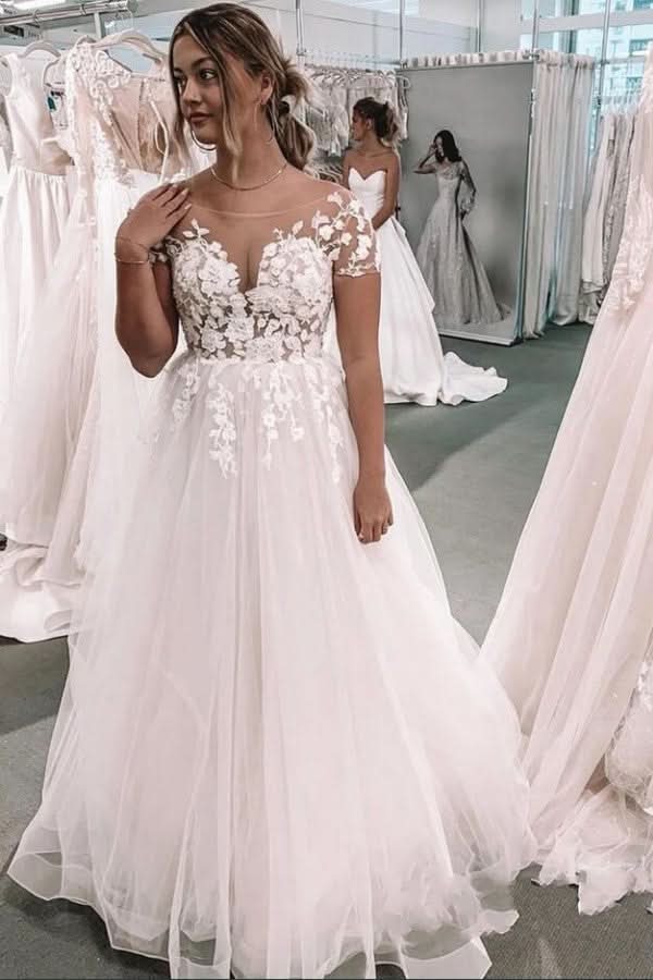 Bateau Short Sleeves A-Line Floor-length Wedding Dress With Appliques Lace Tulle BM bride