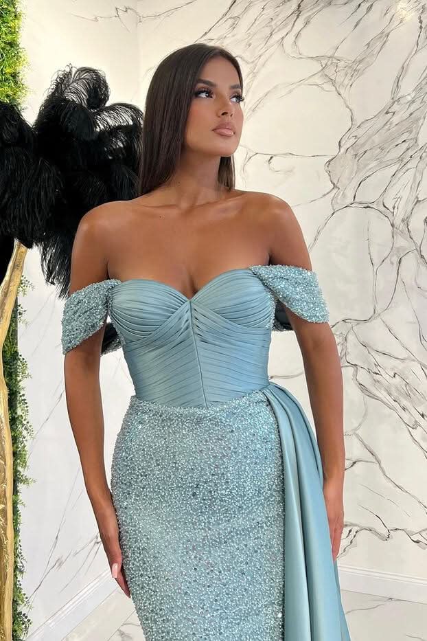 Stunning Off-the-Shoulder Sweetheart Sequined Mermaid Prom Dress with Ruffle BM bride