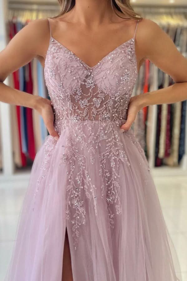 Beadings Spaghetti Strap Tulle A-Line Evening Dress BM bride