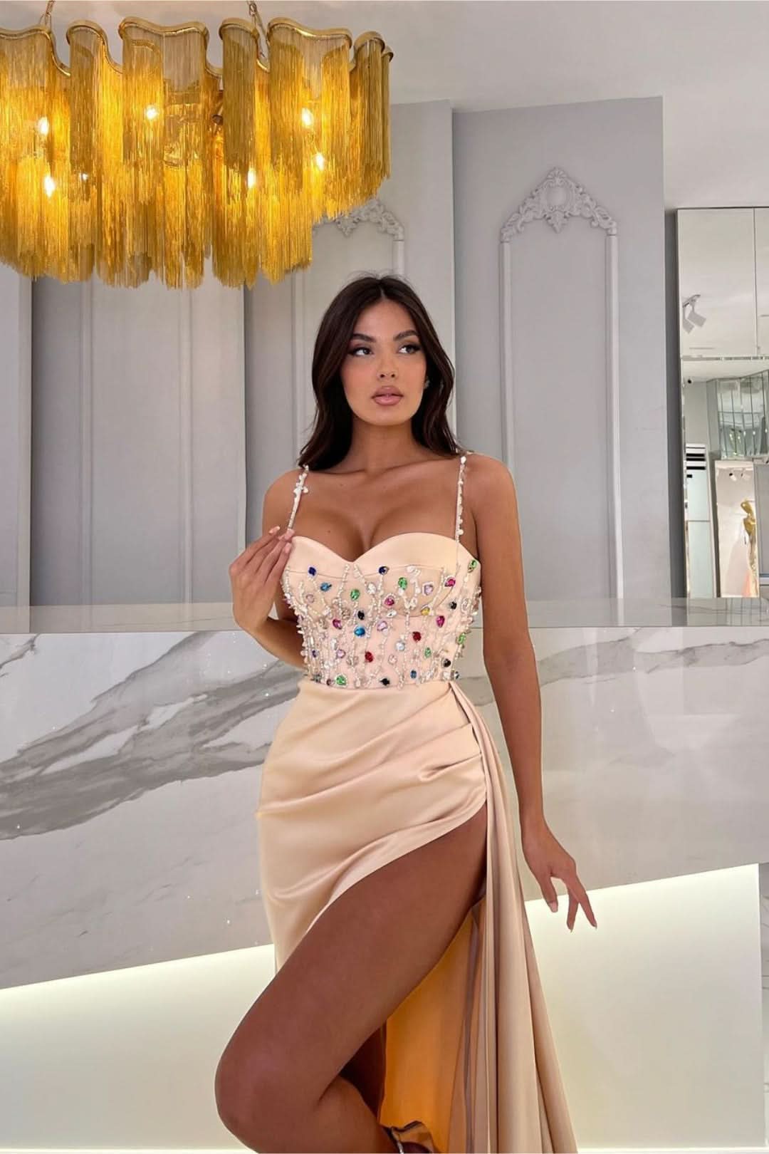 Long Prom Dress with Rhinestone, Spaghetti Strap, and Slit BM bride