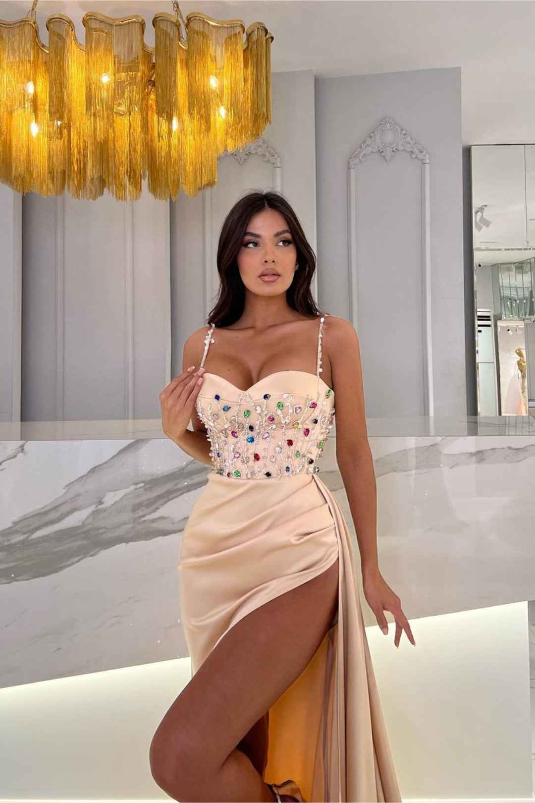 Long Prom Dress Princess Spaghetti Strap Slit With Rhinstone