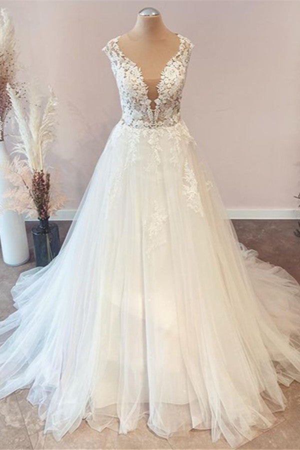 Sweetheart Floral Lace Floor-Length A-Line Wedding Dress with Tulle Ruffles BM bride