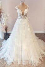 Sweetheart Floral Lace Floor-Length A-Line Wedding Dress with Tulle Ruffles BM bride