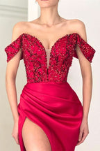 Modern Burgundy Off-the-Shoulder Deep V-Neck Sequined Beaded Mermaid Prom Dress with Split BM bride