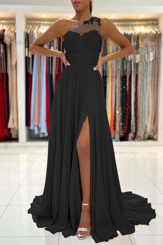 Glamorous One Shoulder Sleeveless Lace Appliques Prom Dress With Front Split BMBRIDE