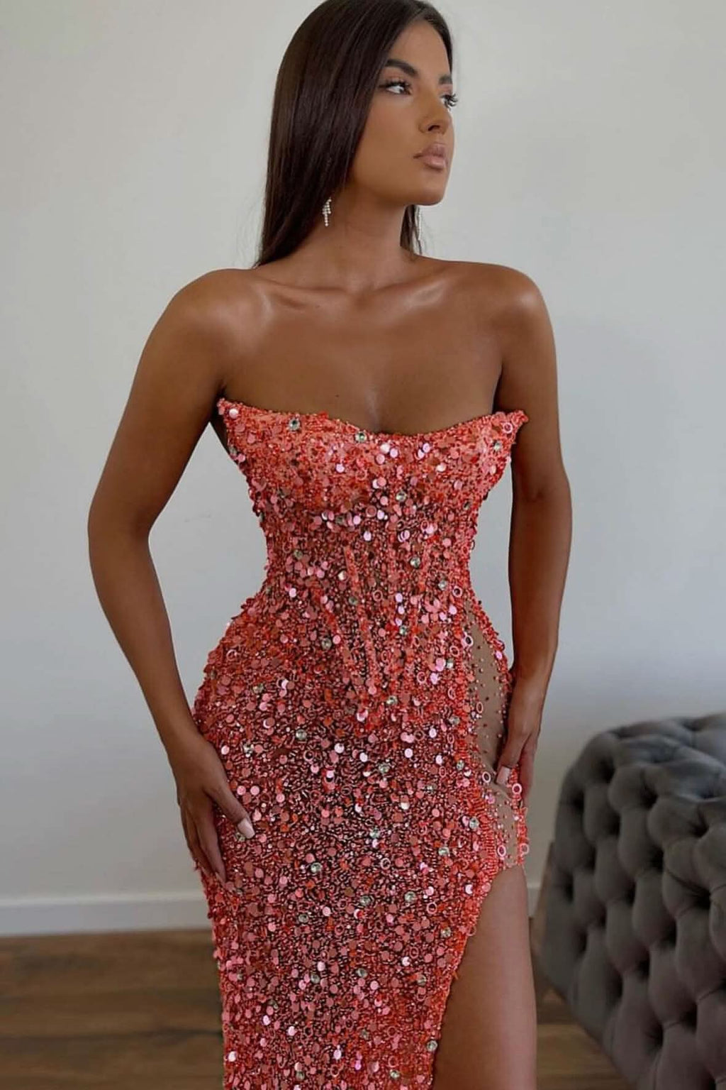 Gorgeous Orange Sequins Mermaid Sweetheart Prom Dress with Split, Sleeveless BM bride