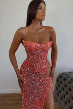 Gorgeous Orange Sequins Mermaid Sweetheart Prom Dress with Split, Sleeveless BM bride