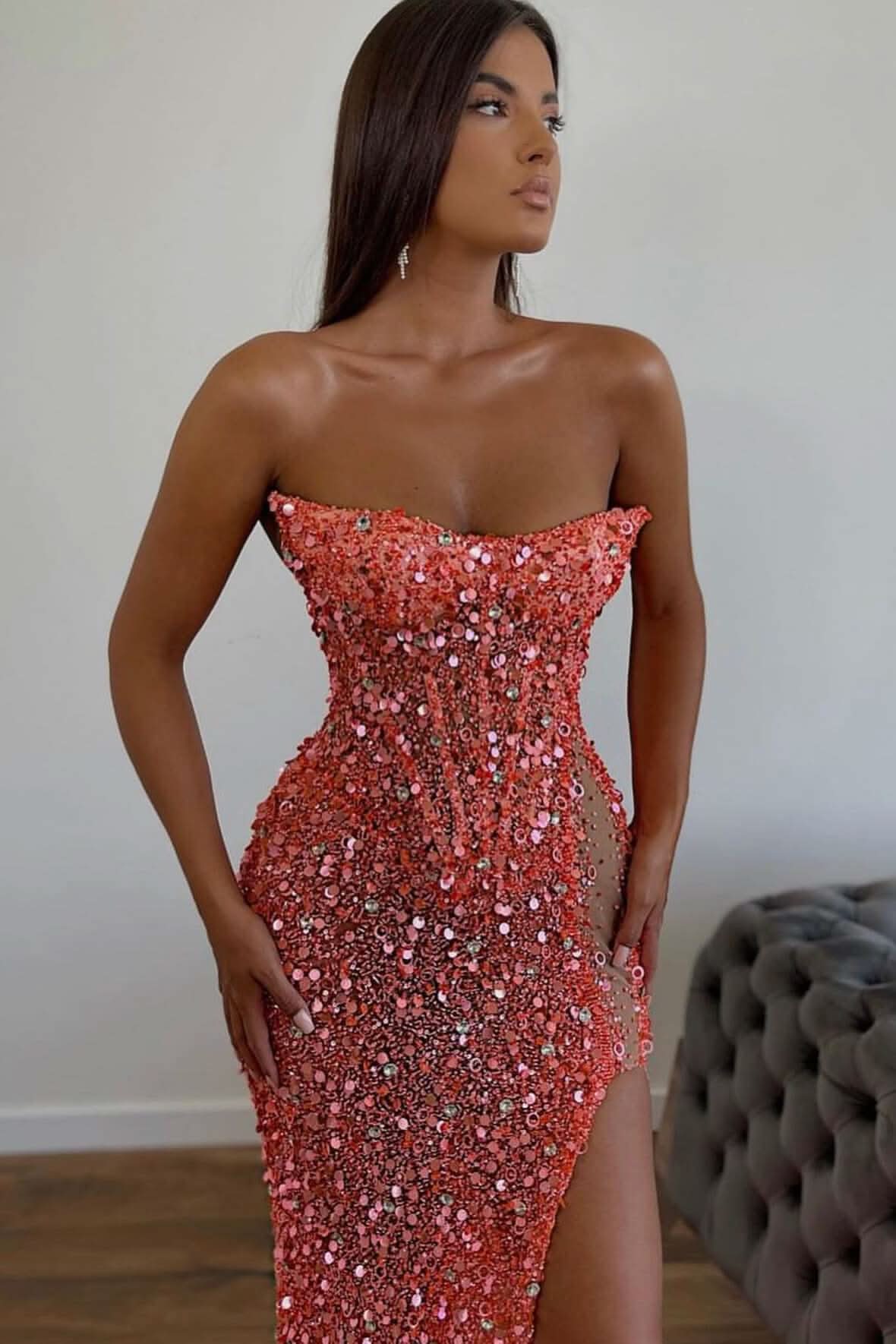 Gorgeous Orange Sequins Mermaid Sweetheart Prom Dress with Split, Sleeveless BM bride