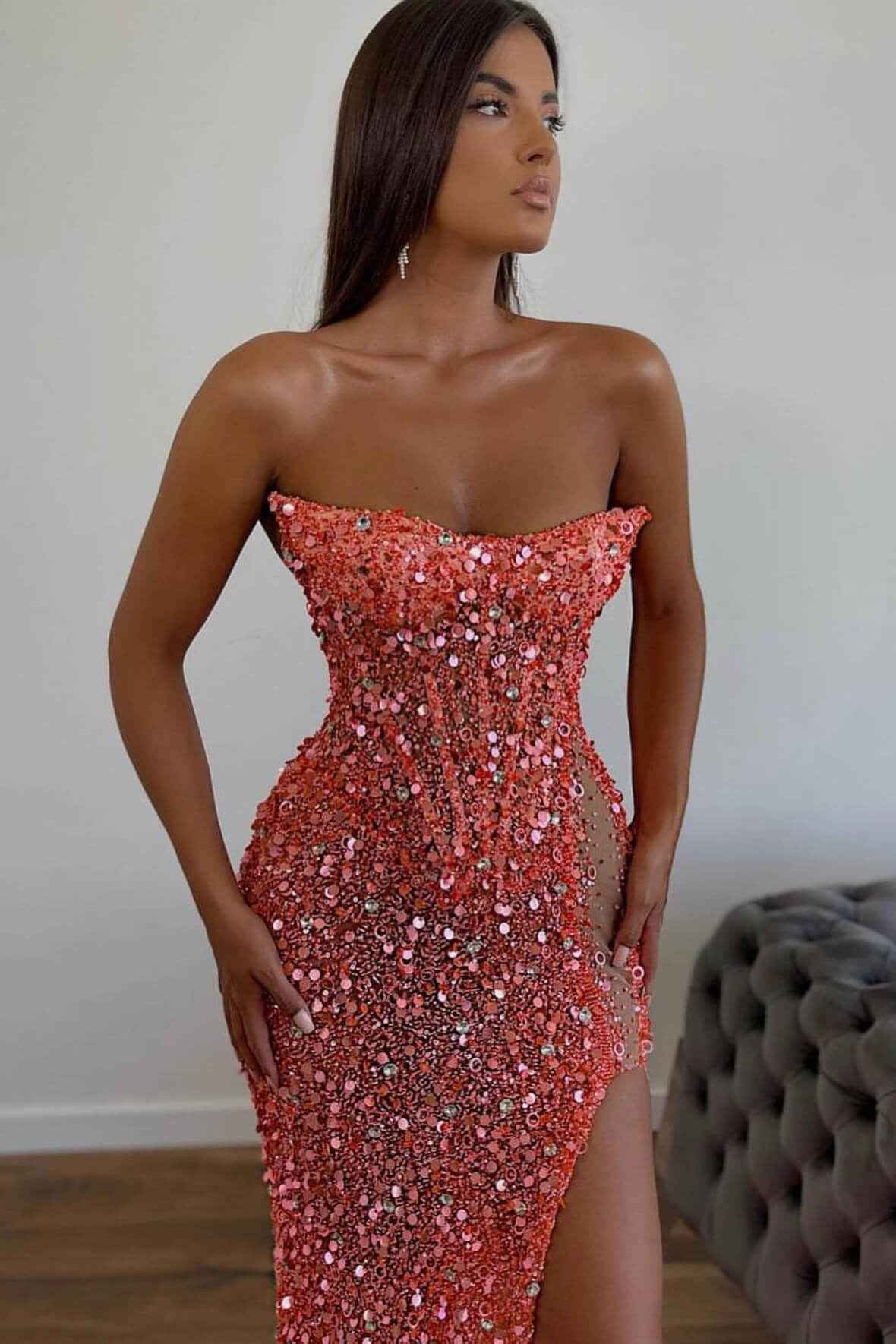 Gorgeous Sequins Mermaid Sweetheart Prom Dress Split With Sleeveless Orange