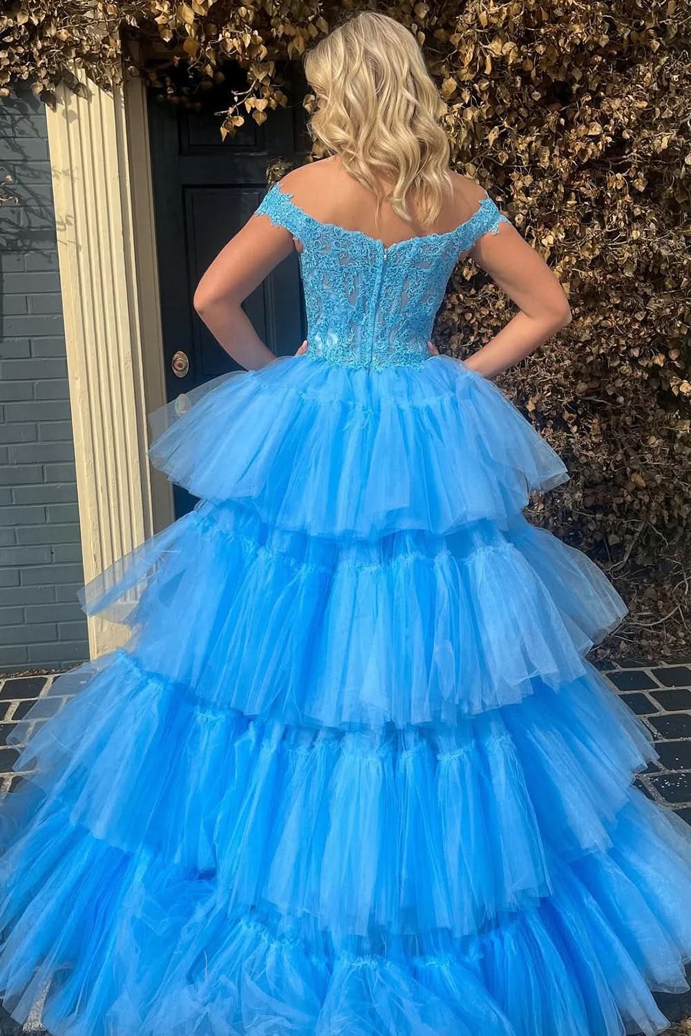 Charming Blue High Low Homecoming Prom Dress with Lace BM bride