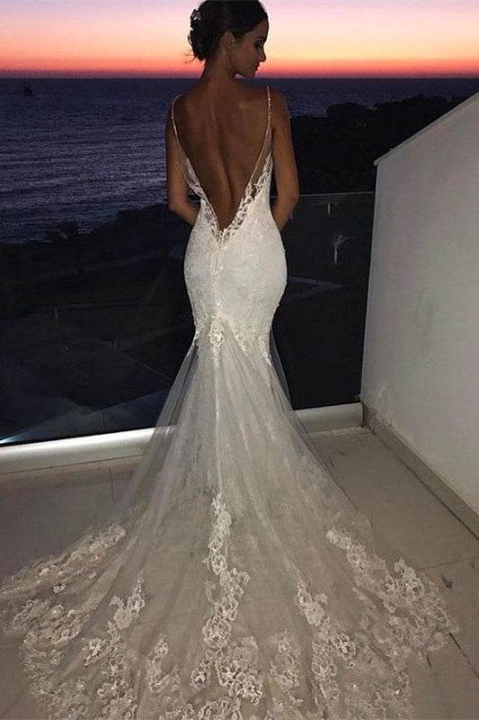 Spaghetti Strap Mermaid Lace Wedding Dress with Appliques BM bride