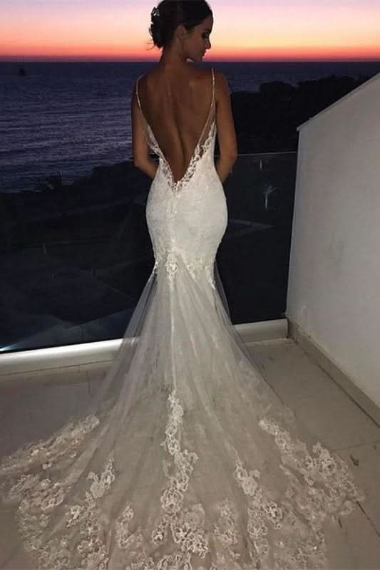 Spaghetti Strap Mermaid Lace Wedding Dress with Appliques BM bride