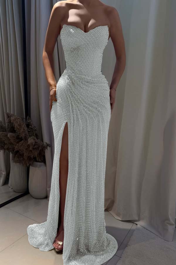 Strapless Sleeveless Mermaid Long Prom Dress With Split Pleated