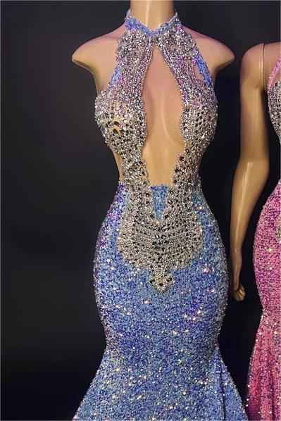 Beaded Sequins High Halter Neck Sleeveless Mermaid Prom Dress With Appliques