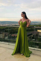 Glamorous Chiffon A Line V Neck Spaghetti Strap Sleeveless Long Prom Dress