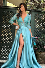 Glamorous Deep V-Neck Satin Long Prom Dress with Split and Lace BM bride