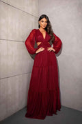 Red Long Sleeves V Neck Long Ruffles Prom Dress With Sequins