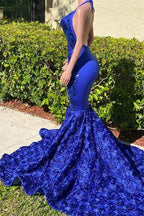 Attractive Halter Applique Mermaid Royal Blue Sleeveless Long Prom Dress