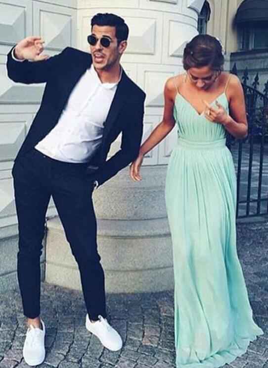 Chiffon Mint Spaghetti Strap Backless Sleeveless V Neck Long Prom Dress