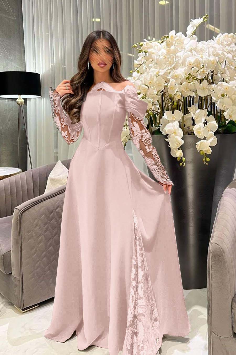 White Off the Shoulder Long Sleeves Long Prom Dress With Appliques BMBRIDE