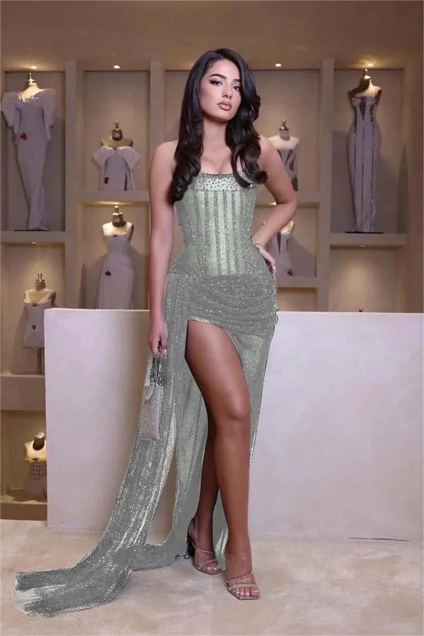 Stunning Black Strapless Sleeveless Mermaid Long Split Prom Dress With Beading BMBRIDE