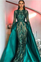 Emerald Green Long Sleeves Mermaid Sequins Prom Dress with Detachable Skirt BM bride