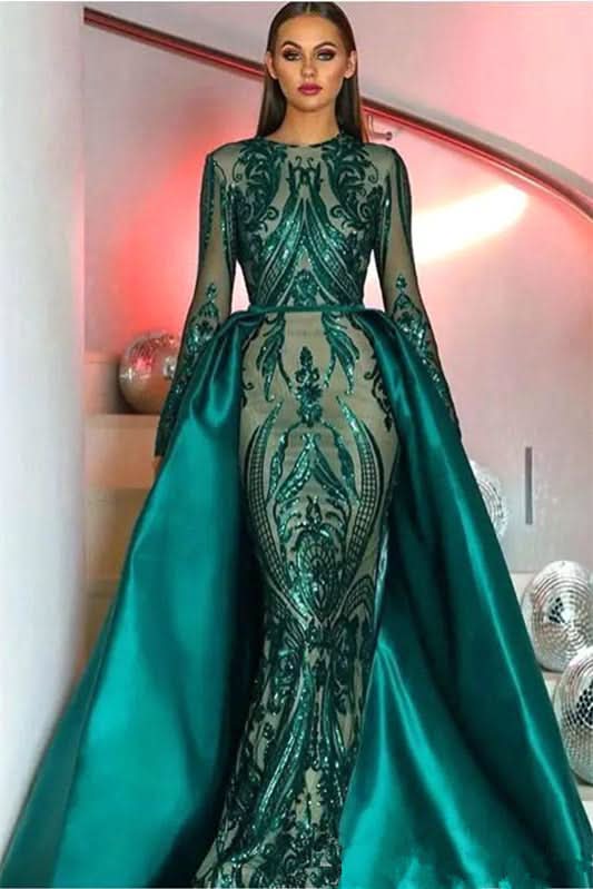 Emerald Green Long Sleeves Mermaid Sequins Prom Dress with Detachable Skirt BM bride